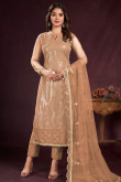 Light Brown Sequins Embroidered Straight Cut Net Trouser Suit