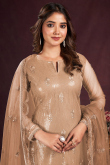 Light Brown Sequins Embroidered Straight Cut Net Trouser Suit