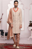 Light Brown Silk Thread And Stone Work Embroidered Men Sherwani