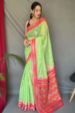 Light Green Broad Border Linen Weaved Thread Saree 