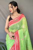 Light Green Broad Border Linen Weaved Thread Saree 