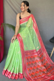 Light Green Broad Border Linen Weaved Thread Saree 