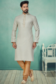 Light Grey Cotton Embroidered Men Kurta Pajama