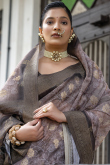 Light Grey Cotton Printed Broad Border Saree