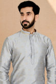 Wedding Wear Zari Work Men Kurta Pajama in Dupion Silk Light Grey