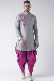 Light Grey Dupion Silk Embroidered Straight Cut Men's Kurta Dhoti