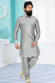 Light Grey Dupion Silk Men Kurta Pajama