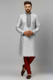 Light Grey Dupion Silk Straight Cut Men Kurta with Resham Work