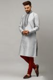 Light Grey Dupion Silk Straight Cut Men Kurta with Resham Work