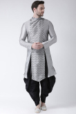 Light Grey Foil Print Dupion Silk Side Slit Men's Kurta With Dhoti 