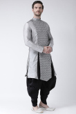 Light Grey Foil Print Dupion Silk Side Slit Men's Kurta With Dhoti 