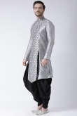 Light Grey Foil Print Dupion Silk Side Slit Men's Kurta With Dhoti 