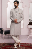 Light Grey Georgette Thread And Gotta Patti Embroidered Men Sherwani