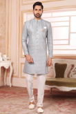 Jacquard Light Grey Weaved Thread Work Sangeet Men Sherwani