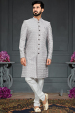 Light Grey Jacquard Woven Churidar Men Sherwani