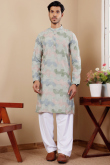 Light Grey Linen Embroidered Straight Cut Men's Kurta Pajama