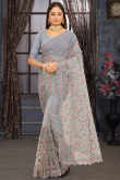 Light Grey Net Dori Embroidered Traditional Saree 