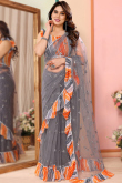 Light Grey Net Embroidered Light Weight Saree