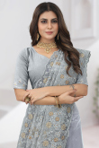 Net Light Grey Dori Embroidered Wedding Wear Saree