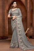 Light Grey Net Party Wear Saree With Silk Blouse