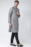 Light Grey Printed Dupion Silk Men's Kurta With Churidar 