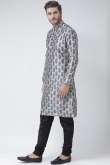 Light Grey Printed Dupion Silk Men's Kurta With Churidar 