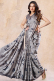 Light Grey Satin Saree With Printed Work For Casual Wear