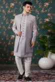 Light Grey Silk Blend Embroidered Jacket Style Men's Sherwani