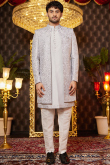 Light Grey Silk Blend Embroidered Jacket Style Men's Sherwani