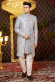 Light Grey Silk Blend Embroidered Jacket Style Men's Sherwani