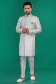 Light Grey Silk Embroidered Indo Western Men's Sherwani