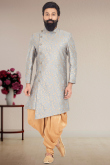 Woven Design Light Grey Sherwani in Elegant Silk Fabric