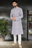 Light Grey Silk Straight Cut Embroidered Men's Sherwani