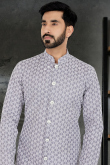 Light Grey Silk Straight Cut Embroidered Men's Sherwani