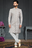 Light Grey Silk Woven Zari Churidar Men Sherwani