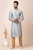 Light Grey Weaved Zari Silk Men's Kurta With Churidar For Sangeet 