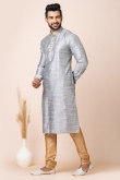 Light Grey Weaved Zari Silk Men's Kurta With Churidar For Sangeet 