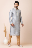 Light Grey Weaved Zari Silk Men's Kurta With Churidar For Sangeet 