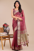 Light Maroon Organza Saree With Weaved Work For Diwali