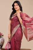 Light Maroon Organza Saree With Weaved Work For Diwali