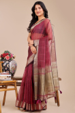 Light Maroon Organza Saree With Weaved Work For Diwali