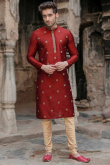 Light Maroon Poly Cotton Embroidered Men Kurta Pajama