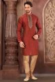 Light Maroon Silk Embroidered Men's Churidar Kurta 