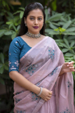 Light Mauve Casual Wear Resham Embroidered Linen Saree