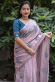 Light Mauve Casual Wear Resham Embroidered Linen Saree