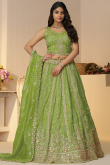 Light Olive Green Tissue Silk Embroidered Flared Lehenga