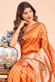 Light Orange Cotton Saree With Weaved Work For Diwali