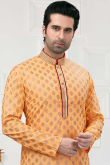 Light Orange Cotton Straight Cut Printed Men Kurta Churidar