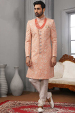 Light Orange Georgette Angrakha Embroidered Men Sherwani