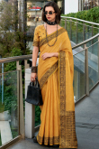Light Orange Linen Weaved Thread Broad Border Saree 